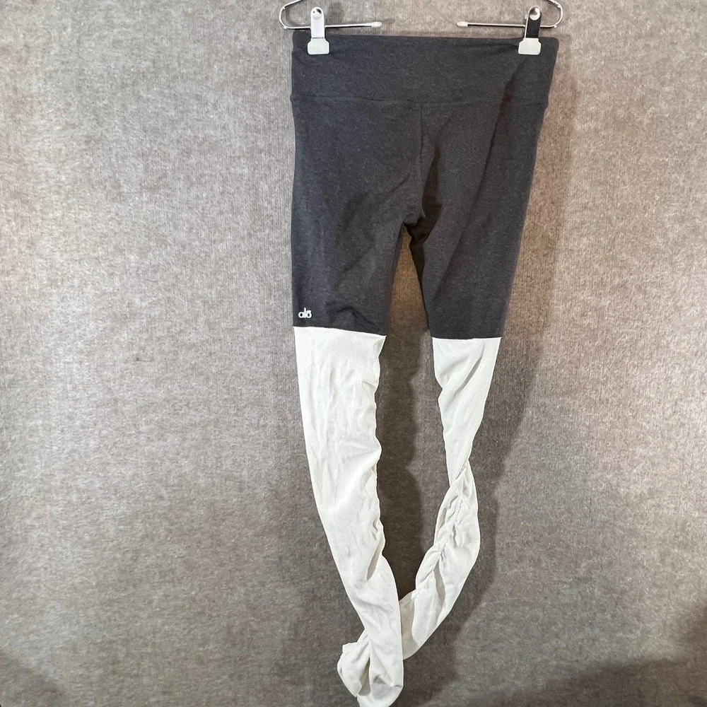 Alo Yoga Goddess Ribbed Leggings Women L Gray Black White Colorblock Yoga